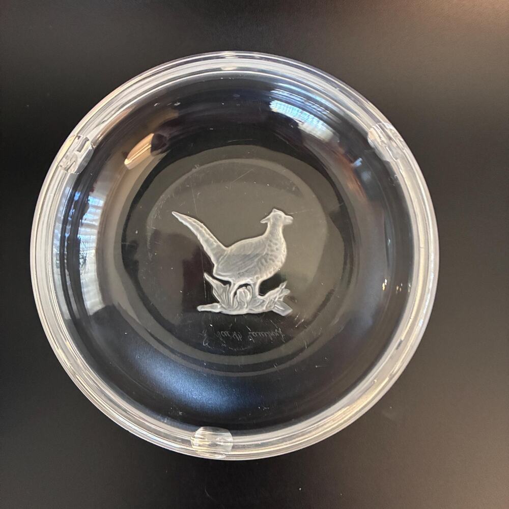 Vintage Val St. Lambert Crystal Dish with Frosted Pheasant Signed Belgian Glass